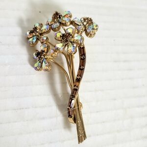 Vintage Signed Keyes Aurora Borealis & Smokey Quartz Floral Flower Brooch
